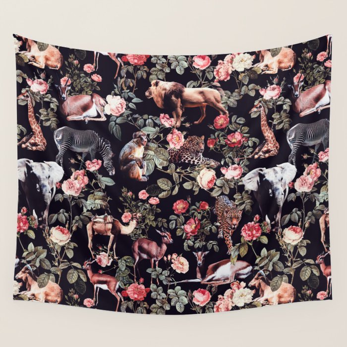 Animals And Floral Pattern Wall Tapestry