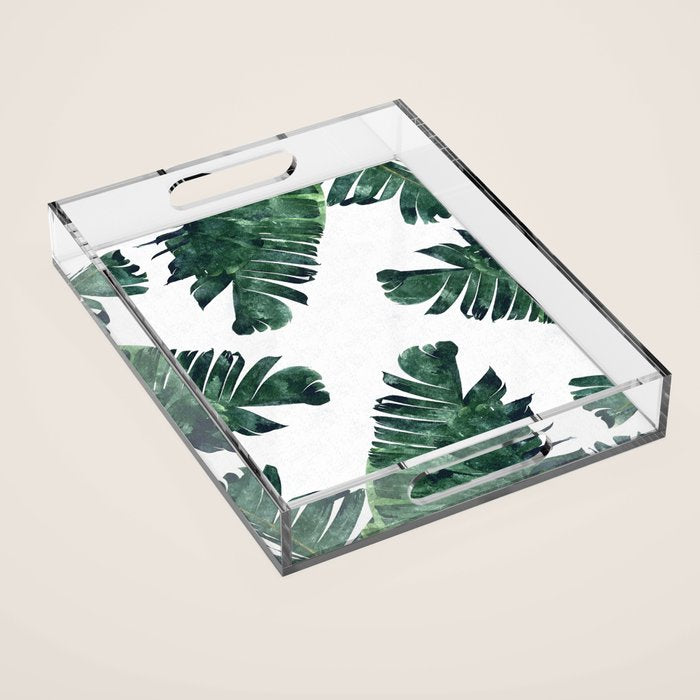 Banana Leaf Watercolor Painting, Tropical Nature Botanical Palm Illustration Bohemian Minimal Luxe Acrylic Tray