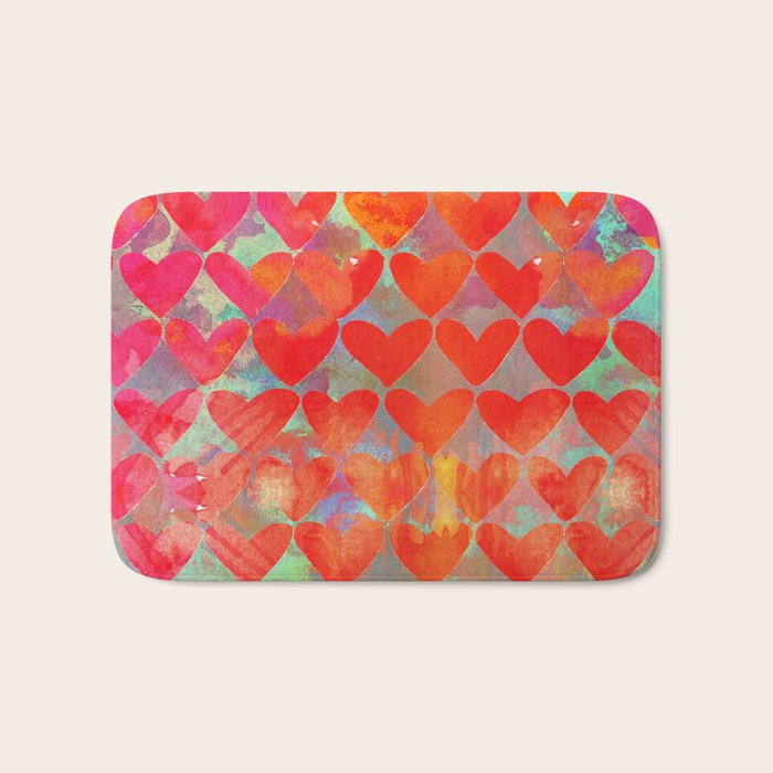 Love Overload, Maximalist Color Pop Red Graphic Hearts, Valentine'S Day Passion Colorful Bath Mat