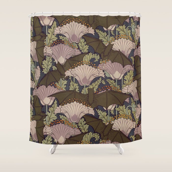 Vintage Art Deco Bat And Flowers Shower Curtain