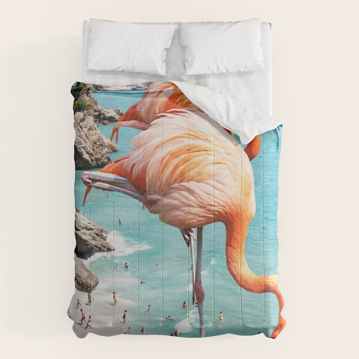 Flamingos On The Beach, Wildlife Surrealism Birds, Nature Flamingo Fantasy Beach Summer Photography Comforter