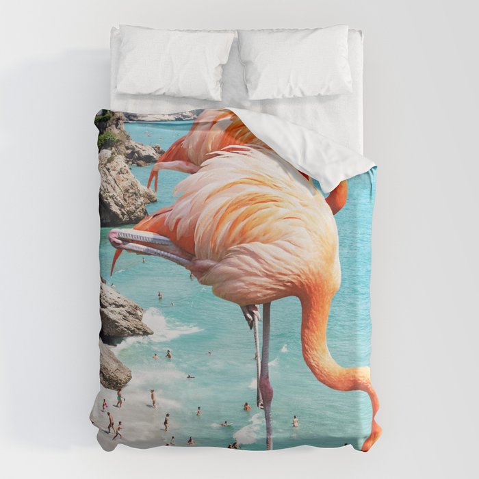 Flamingos On The Beach, Wildlife Surrealism Birds, Nature Flamingo Fantasy Beach Summer Photography Duvet Cover