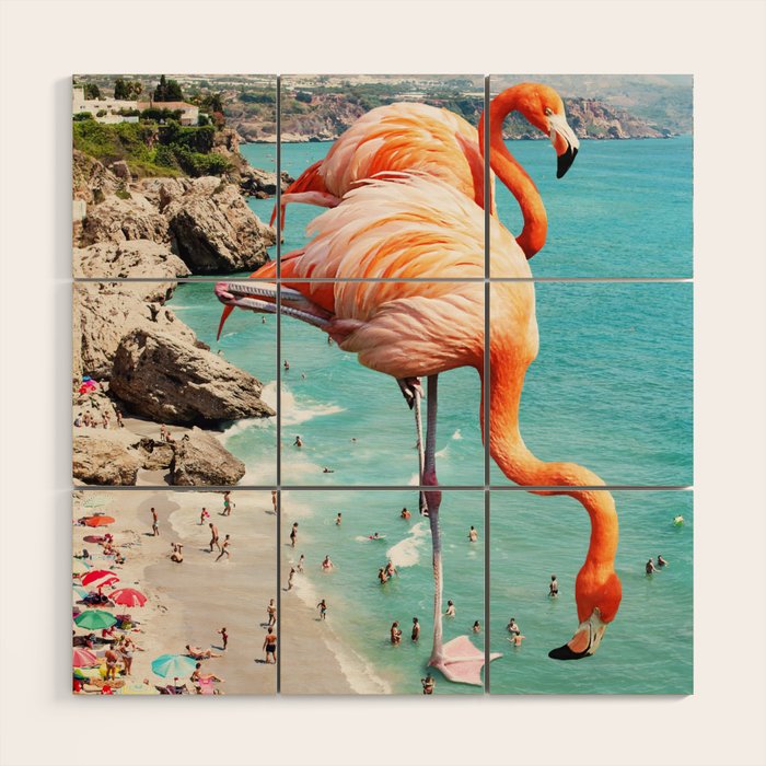 Flamingos On The Beach, Wildlife Surrealism Birds, Nature Flamingo Fantasy Beach Summer Photography Wood Wall Art