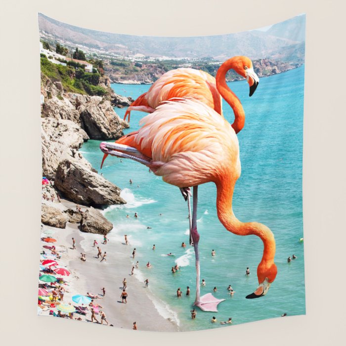 Flamingos On The Beach, Wildlife Surrealism Birds, Nature Flamingo Fantasy Beach Summer Photography Wall Tapestry
