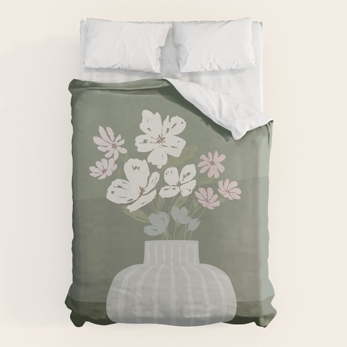 Wildflower Bouquet In Vase Illustration - Muted Pink, Beige And Sage Green Flowers  Duvet Cover