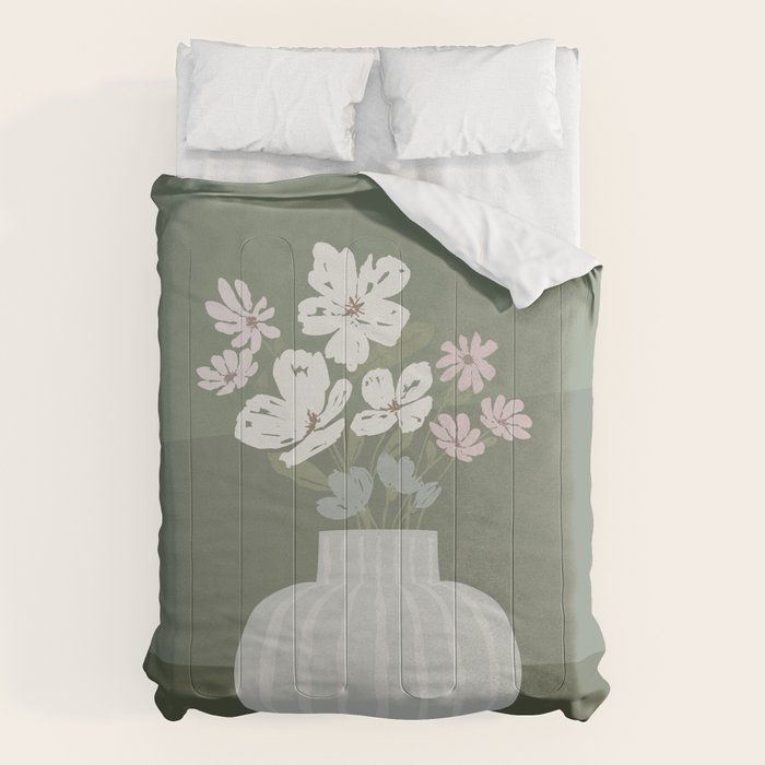 Wildflower Bouquet In Vase Illustration - Muted Pink, Beige And Sage Green Flowers  Comforter