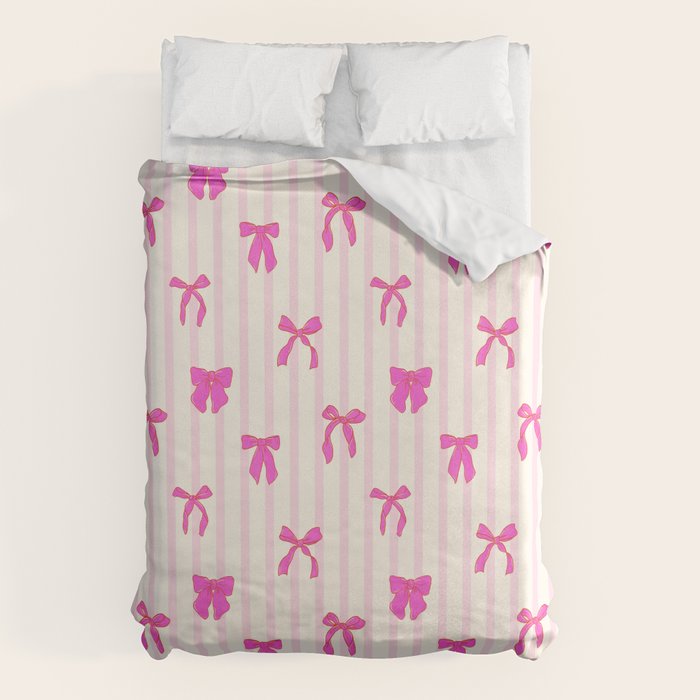 Classic Hot Pink Bows And Stripes Duvet Cover