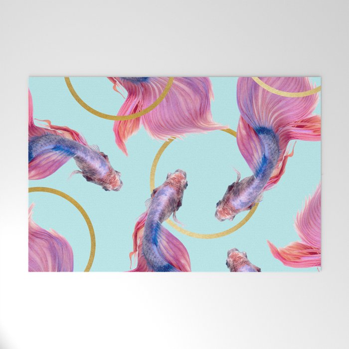 Hullahoops, Eclectic Colorful Fish Graphic Design, Animals Gold Rings Surrealism Quirky Welcome Mat