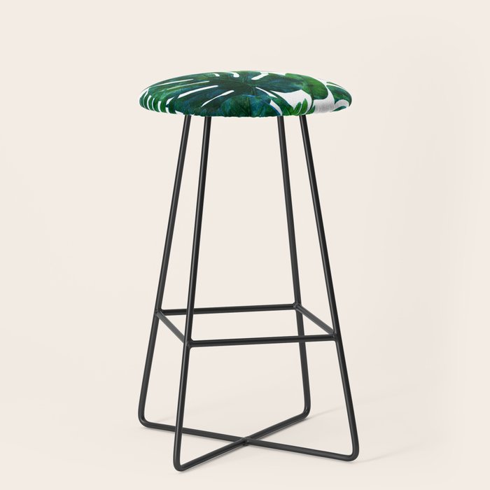 Tropical Nature Monstera Watercolor Painting, Botanical Jungle Dark Palm Illustration Stool