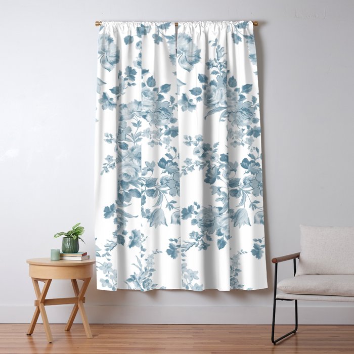 Vintage Blue White Bohemian Elegant Floral Window Curtain