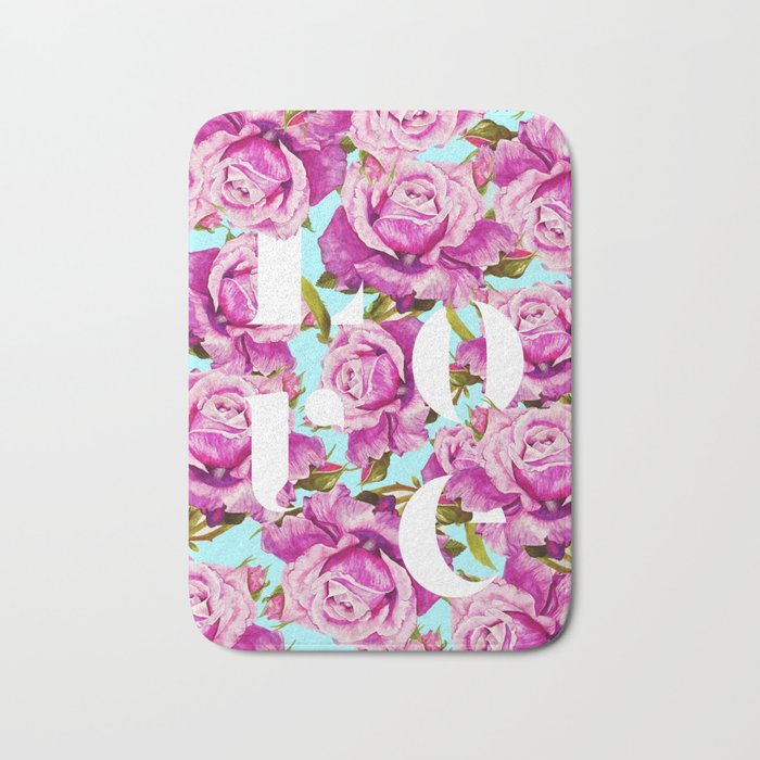 Love, Floral Typography Valentine'S Graphic Design, Eclectic Modern Boho Botanical Rose Illustration Bath Mat