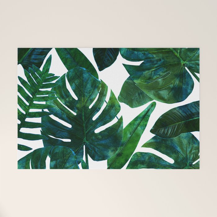Tropical Nature Monstera Watercolor Painting, Botanical Jungle Dark Palm Illustration Welcome Mat