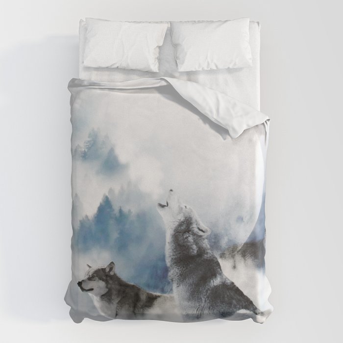 Winter Wolves, Wildlife Wolf Wild Dogs, Snow Full Moon Animals Photography Love Digital Art Duvet Cover