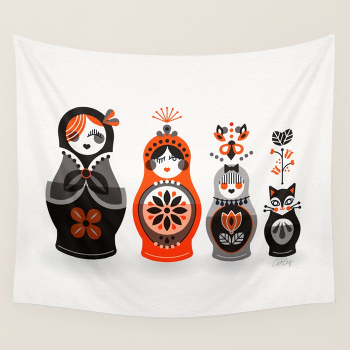 Russian Nesting Dolls - Red & Black Wall Tapestry