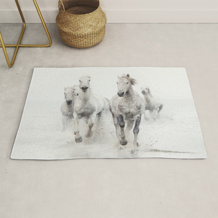 Camargue White Horses Running In Water - Nature Photography Rug
