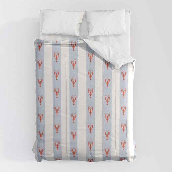 Red Lobsters On Hand-Painted Blue Stripes Comforter