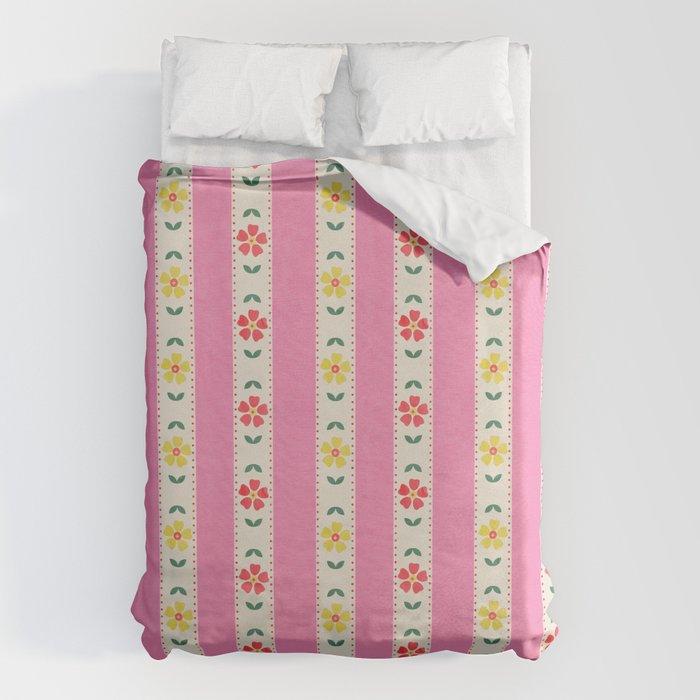 Granny Style Vintage Florals On Pink Stripes Duvet Cover