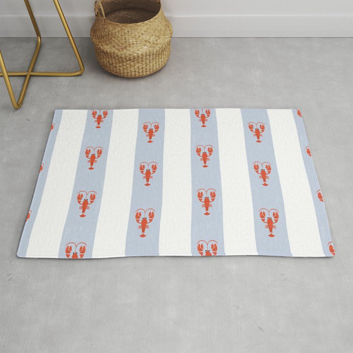 Red Lobsters On Hand-Painted Blue Stripes Rug