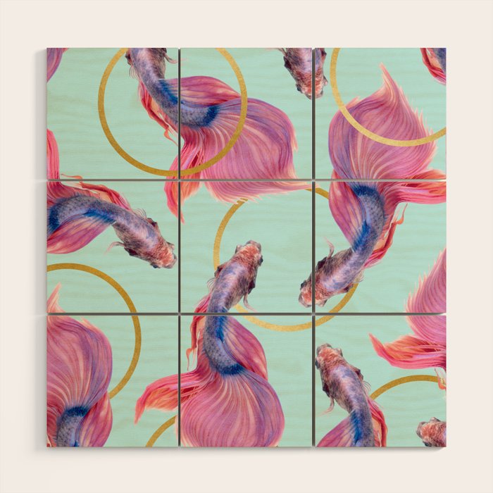 Hullahoops, Eclectic Colorful Fish Graphic Design, Animals Gold Rings Surrealism Quirky Wood Wall Art