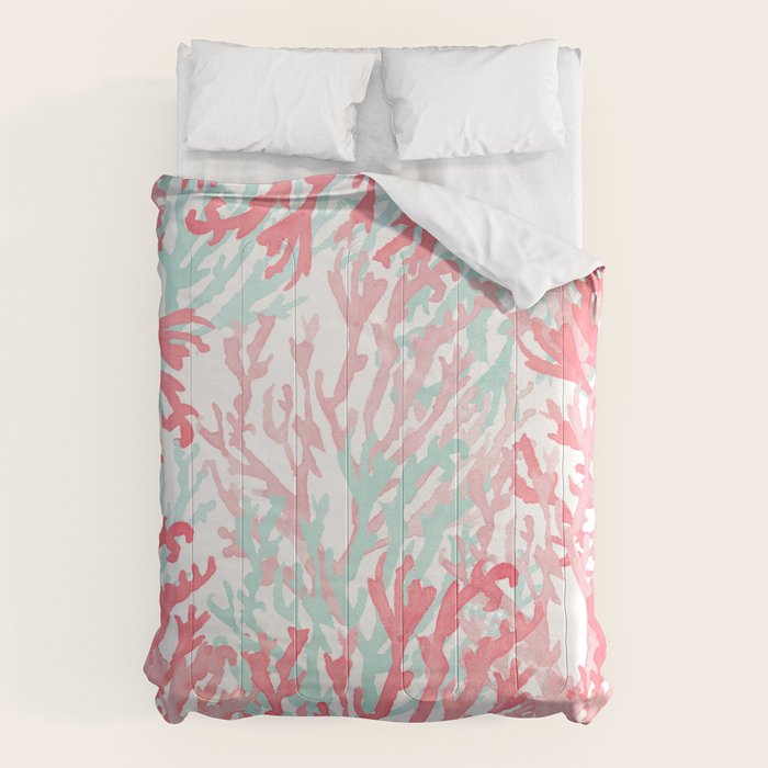 Modern Hand Painted Coral Pink Teal Reef Coral Floral Comforter