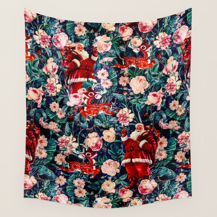Santa Claus And Floral Pattern Wall Tapestry