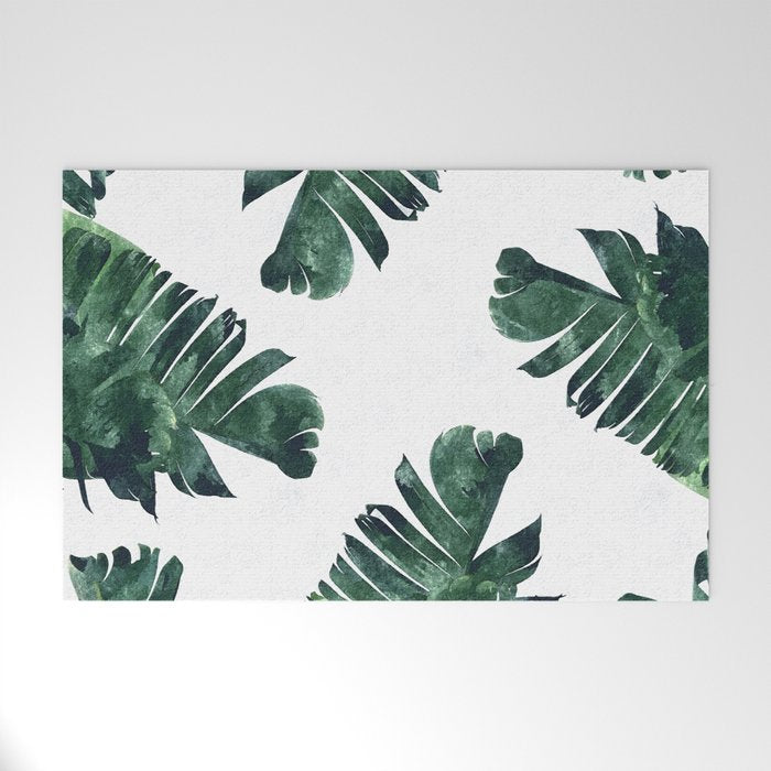 Banana Leaf Watercolor Painting, Tropical Nature Botanical Palm Illustration Bohemian Minimal Luxe Welcome Mat