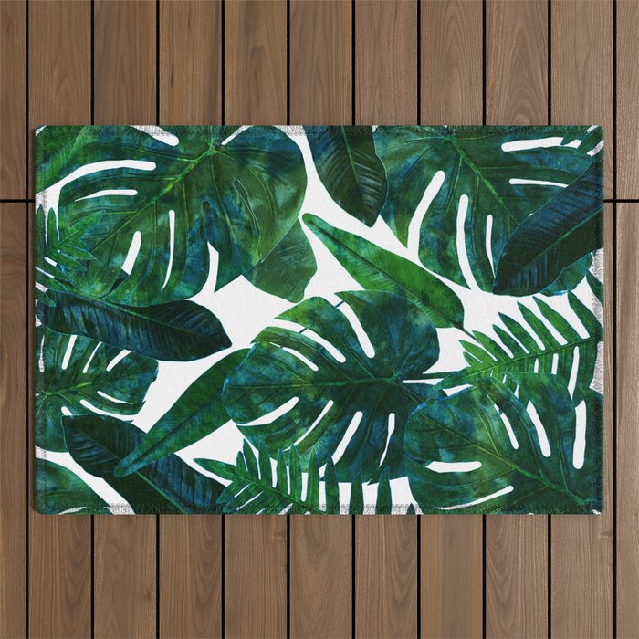 Tropical Nature Monstera Watercolor Painting, Botanical Jungle Dark Palm Illustration Outdoor Rug