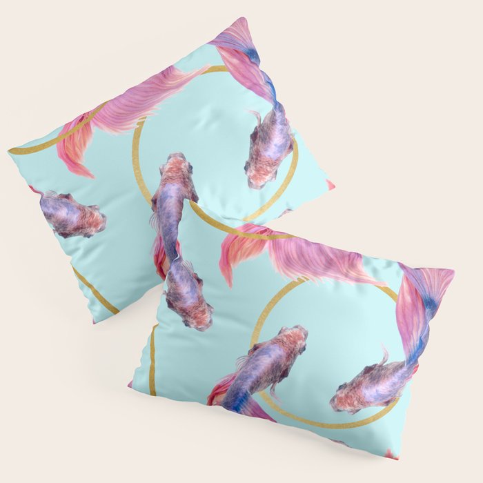 Hullahoops, Eclectic Colorful Fish Graphic Design, Animals Gold Rings Surrealism Quirky Pillow Sham