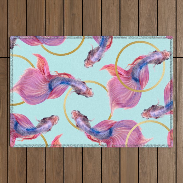 Hullahoops, Eclectic Colorful Fish Graphic Design, Animals Gold Rings Surrealism Quirky Outdoor Rug