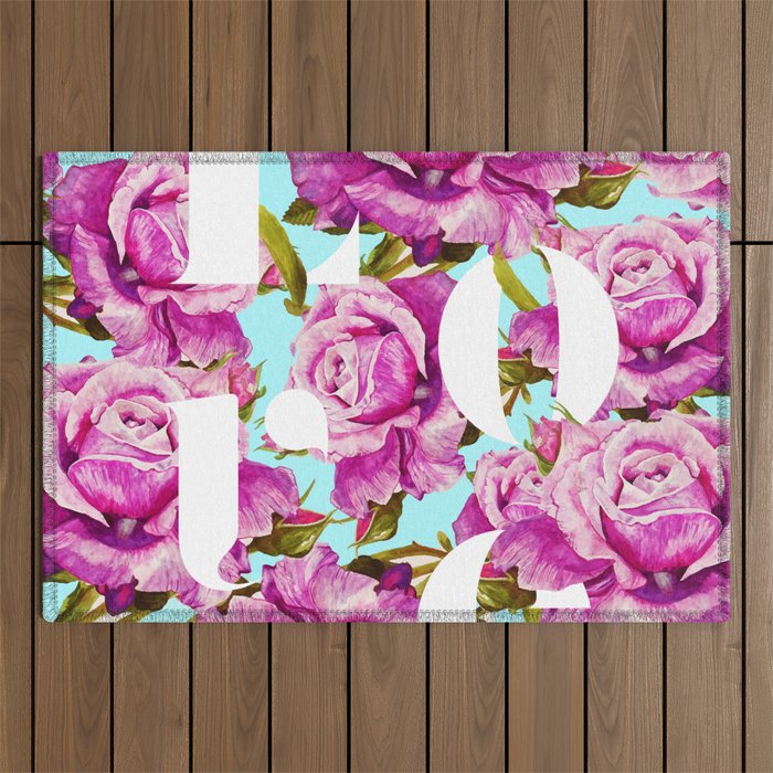 Love, Floral Typography Valentine'S Graphic Design, Eclectic Modern Boho Botanical Rose Illustration Outdoor Rug