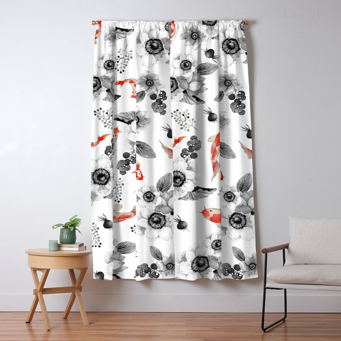 Colorful Orange Black White Watercolor Floral Koi Fish Window Curtain