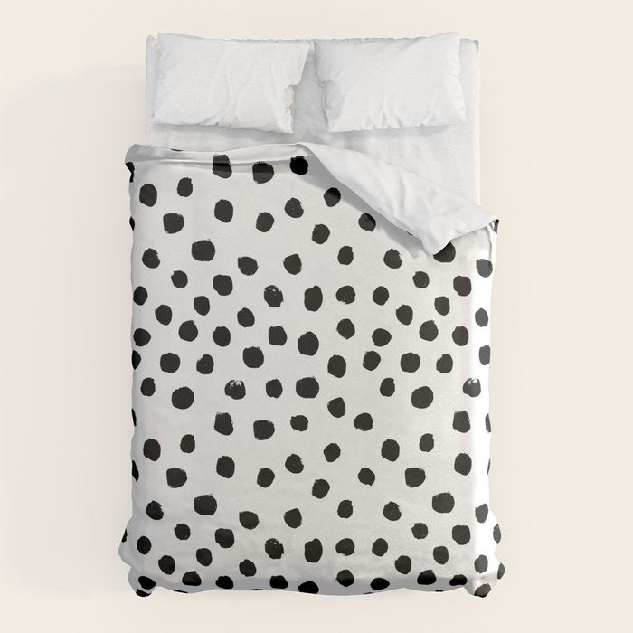 Preppy Black And White Dots Minimal Abstract Brushstrokes Painting Illustration Pattern Print Duvet Cover