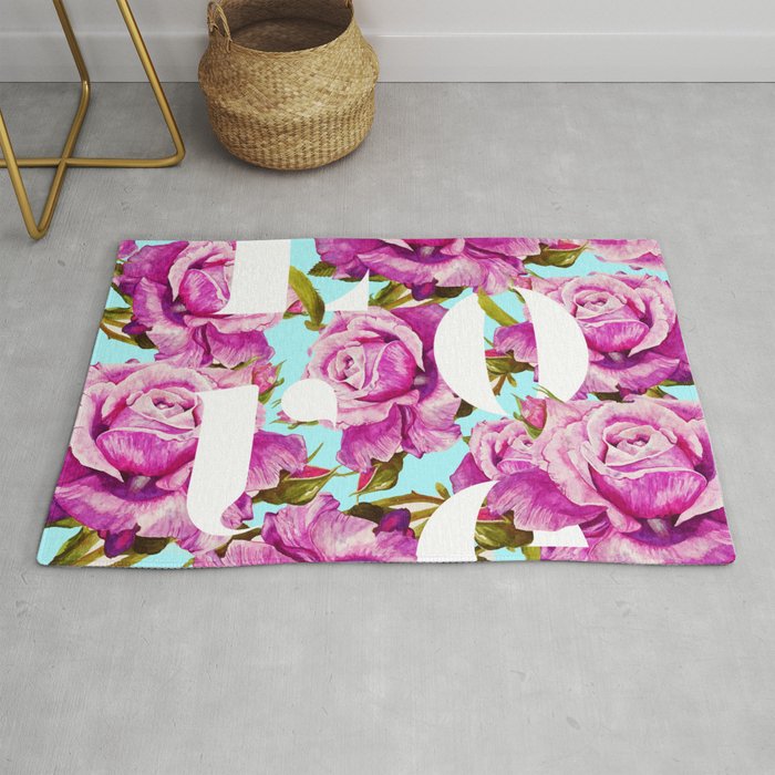 Love, Floral Typography Valentine'S Graphic Design, Eclectic Modern Boho Botanical Rose Illustration Rug
