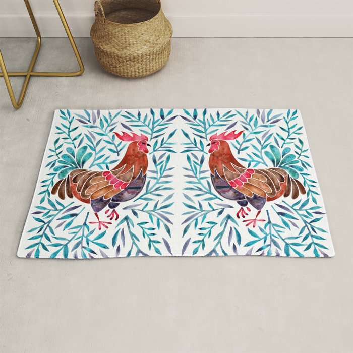 Le Coq - Watercolor Rooster With Turquoise Leaves Rug