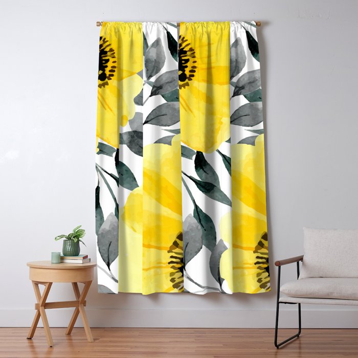 Big Yellow Watercolor Flowers Window Curtain
