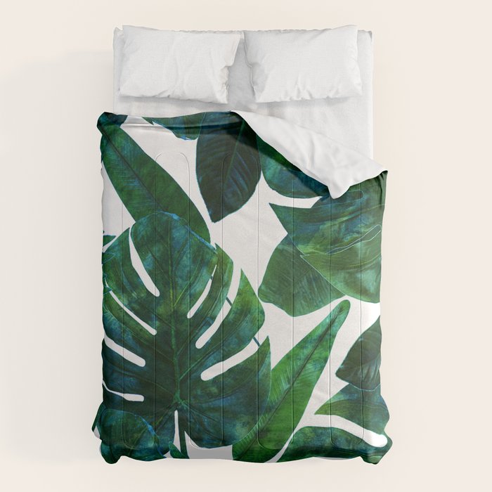 Tropical Nature Monstera Watercolor Painting, Botanical Jungle Dark Palm Illustration Comforter