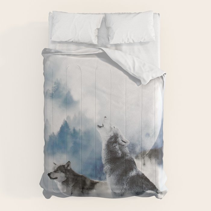 Winter Wolves, Wildlife Wolf Wild Dogs, Snow Full Moon Animals Photography Love Digital Art Comforter
