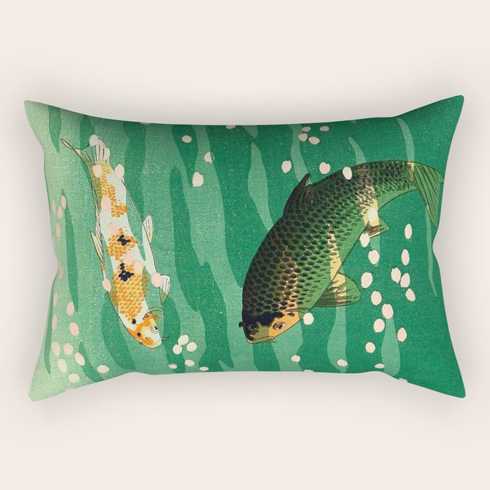 Vintage Japanese Woodblock Print Asian Art Koi Pond Fish Turquoise Green Water Cherry Blossom Rectangular Pillow