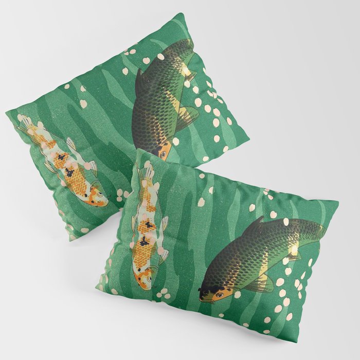 Vintage Japanese Woodblock Print Asian Art Koi Pond Fish Turquoise Green Water Cherry Blossom Pillow Sham