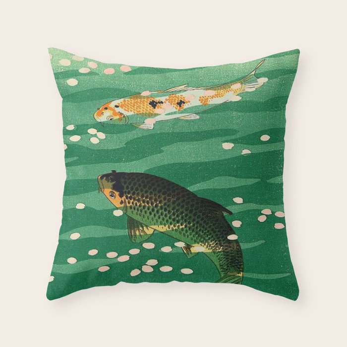 Vintage Japanese Woodblock Print Asian Art Koi Pond Fish Turquoise Green Water Cherry Blossom Throw Pillow