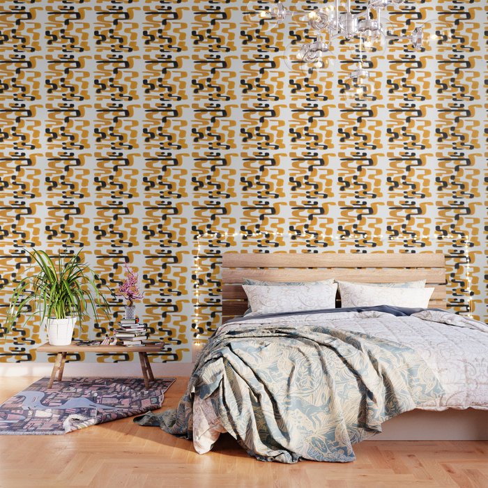 Mid Century Abstract Black & Yellow Fun Pattern 70'S Mustard Ripples Lines Retro Style Wallpaper