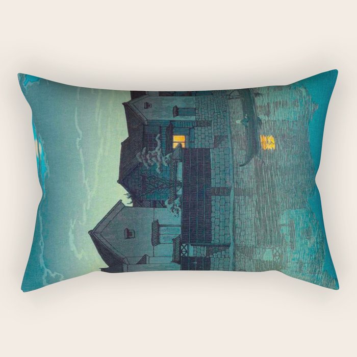 Kawase Hasui Vintage Japanese Woodblock Print Japanese Village Under Moonlight Cloudy Sky Rectangular Pillow