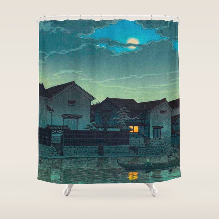 Kawase Hasui Vintage Japanese Woodblock Print Japanese Village Under Moonlight Cloudy Sky Shower Curtain