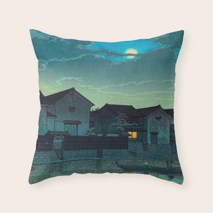 Kawase Hasui Vintage Japanese Woodblock Print Japanese Village Under Moonlight Cloudy Sky Throw Pillow
