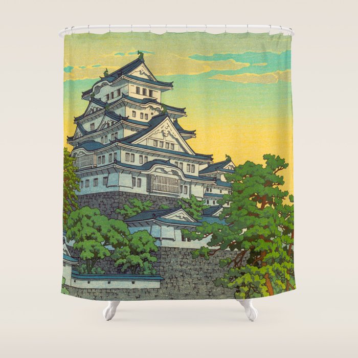 Kawase Hasui Vintage Japanese Woodblock Print Himeji Castle Shower Curtain