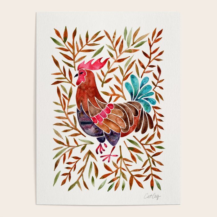 Le Coq â Watercolor Rooster With Sepia Leaves Poster