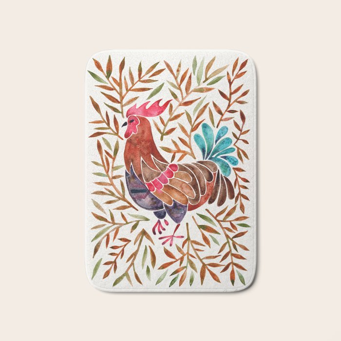 Le Coq â Watercolor Rooster With Sepia Leaves Bath Mat