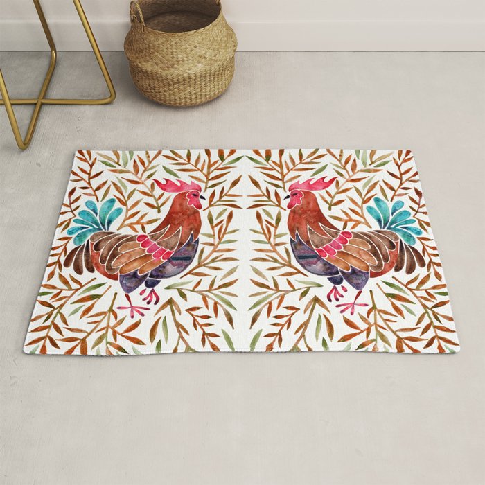 Le Coq â Watercolor Rooster With Sepia Leaves Rug