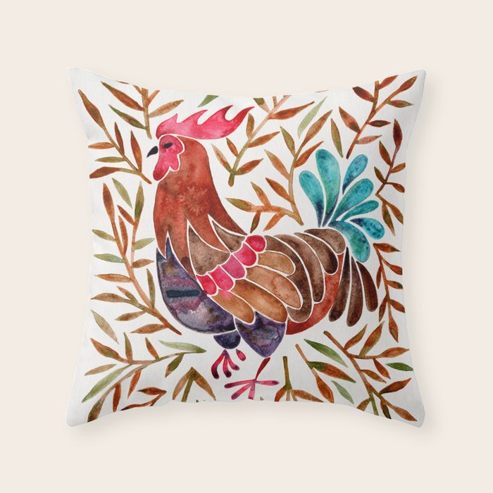 Le Coq â Watercolor Rooster With Sepia Leaves Throw Pillow