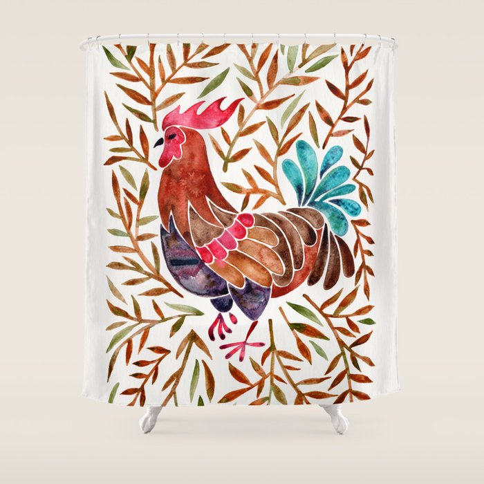 Le Coq â Watercolor Rooster With Sepia Leaves Shower Curtain
